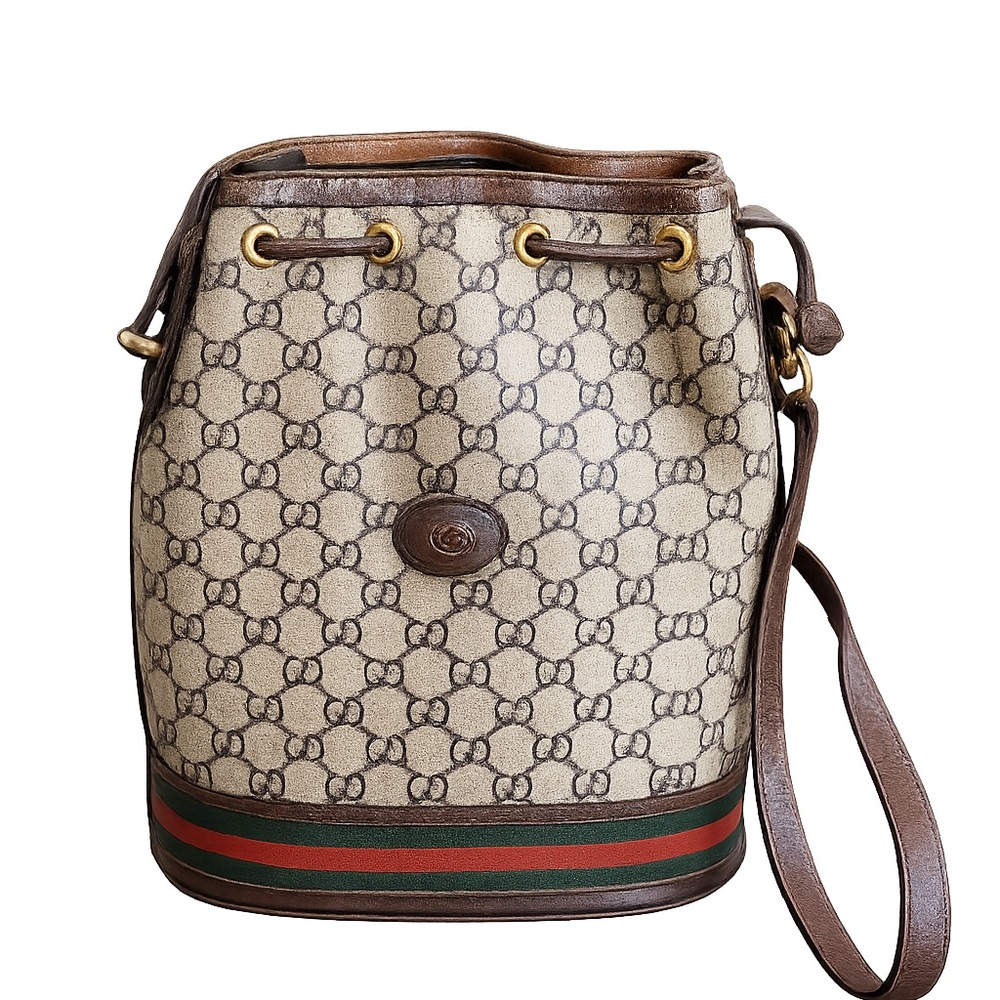 Gucci Vintage Beige and Brown Logo Canvas Bucket Bag